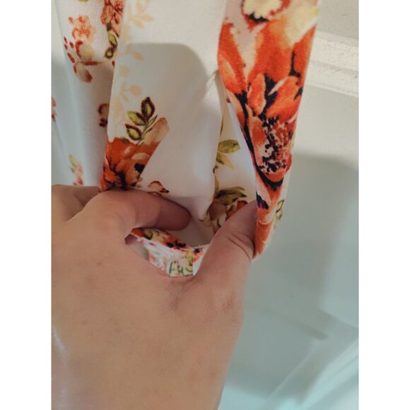 Reborn J Floral Red white Long-Sleeve Blouson Midi Dress W Pockets L - Picture 4 of 7